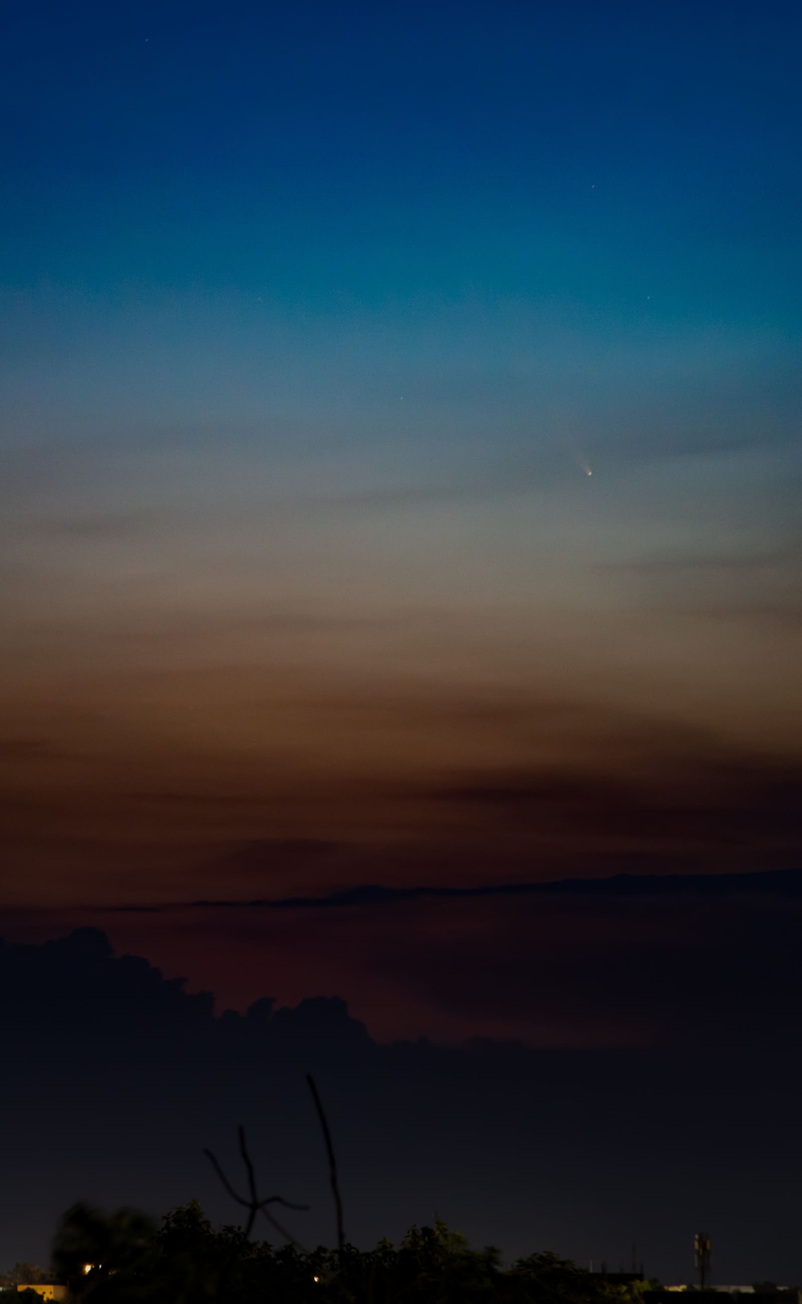 Portrait-orientation photo of Comet NEOWISE as a bright point with a faint upward tail against a graduated blue and orange twilight sky.