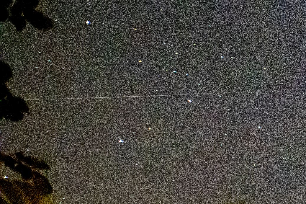 Horizontal meteor streak in a starry sky above a dark treeline, with tree branch silhouettes at the frame's edges.