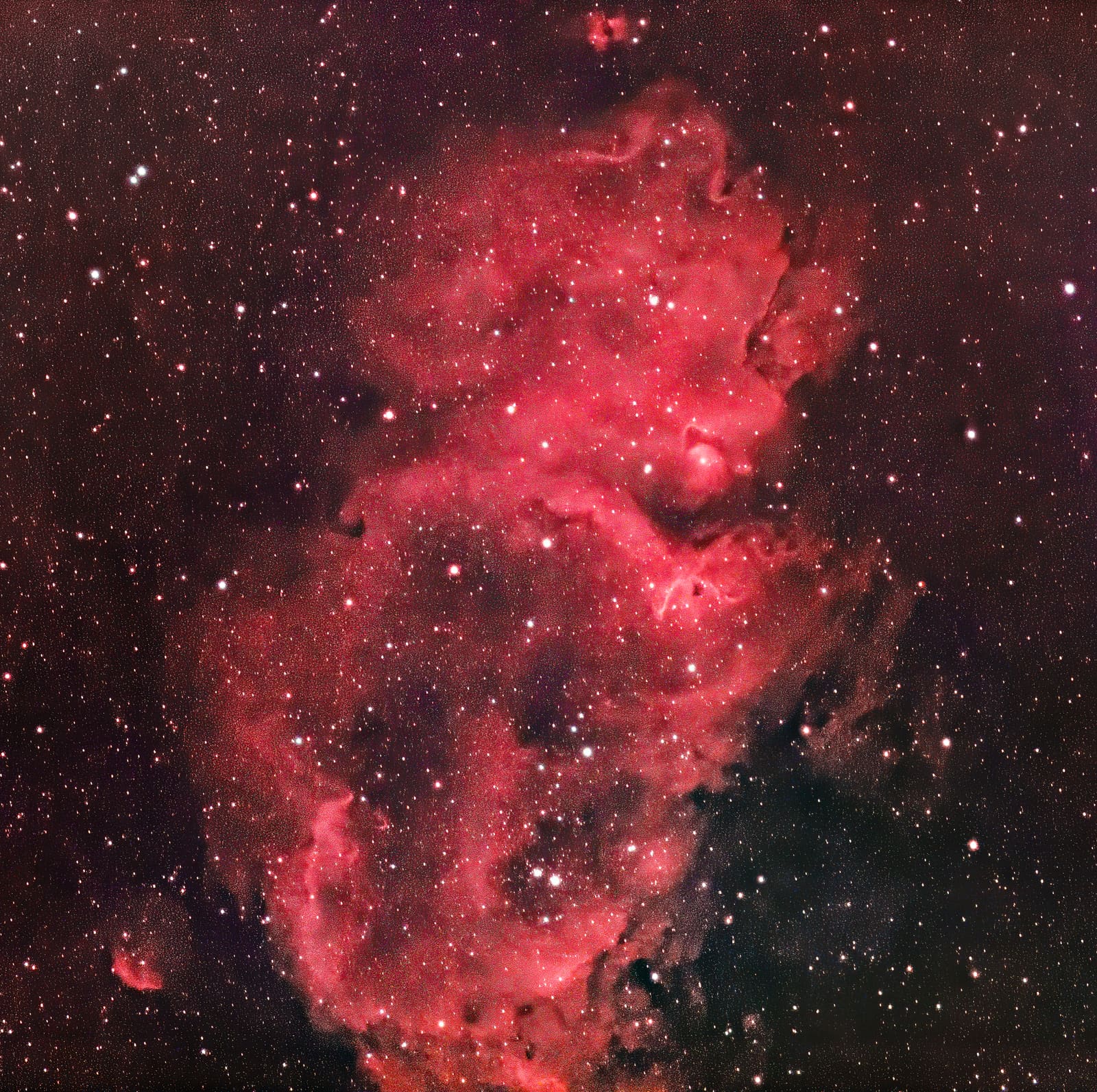 A large area of red and pink nebulosity with brighter irregular patches and clusters of stars.
