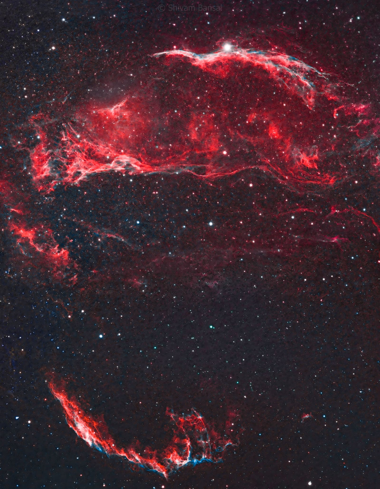 A wide field of thin, wispy red and teal filaments forming curved arc shapes across a starfield.