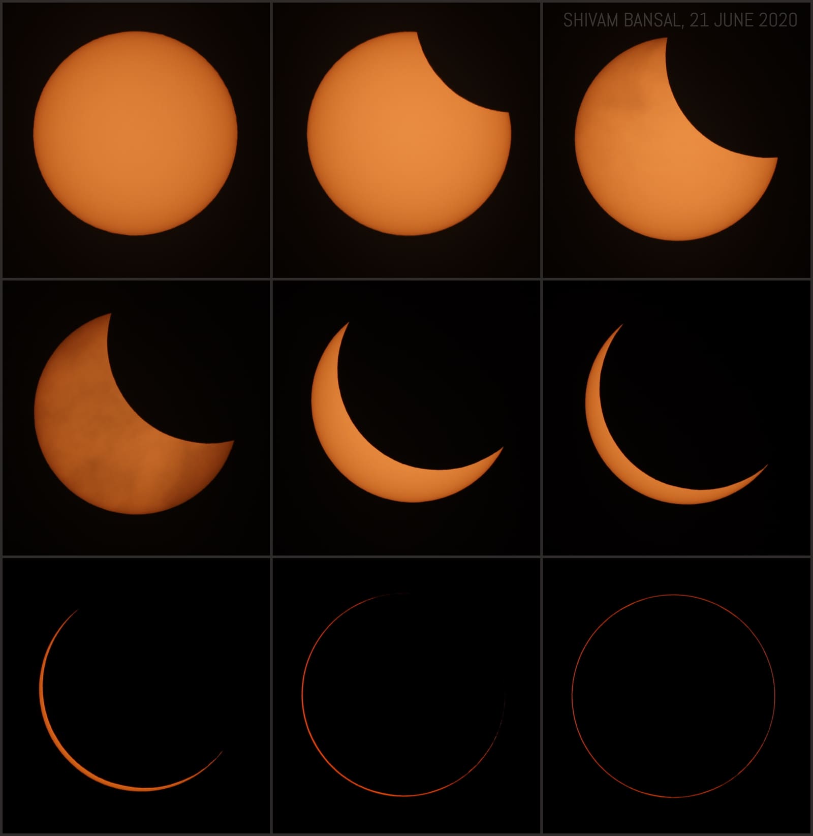 A grid of sequential eclipse photos showing the Moon progressively covering the Sun, from a small bite to a full annular ring and back, with a title label at top.