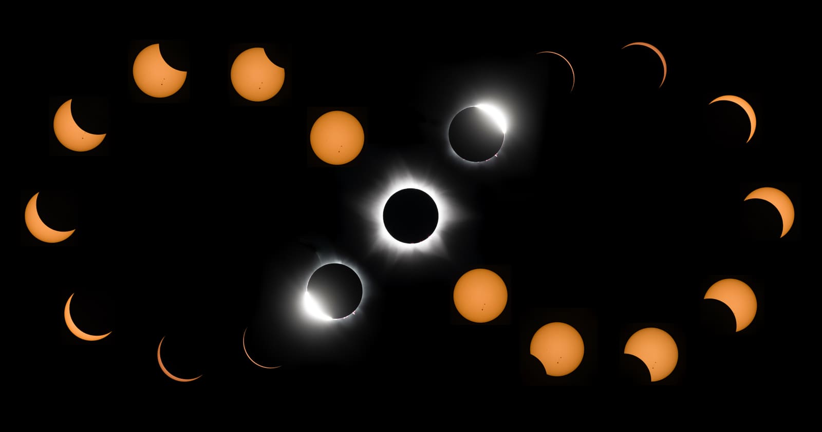 A figure-eight shaped composite made of sequential eclipse phase images, with two darkened totality suns positioned at the crossing point.