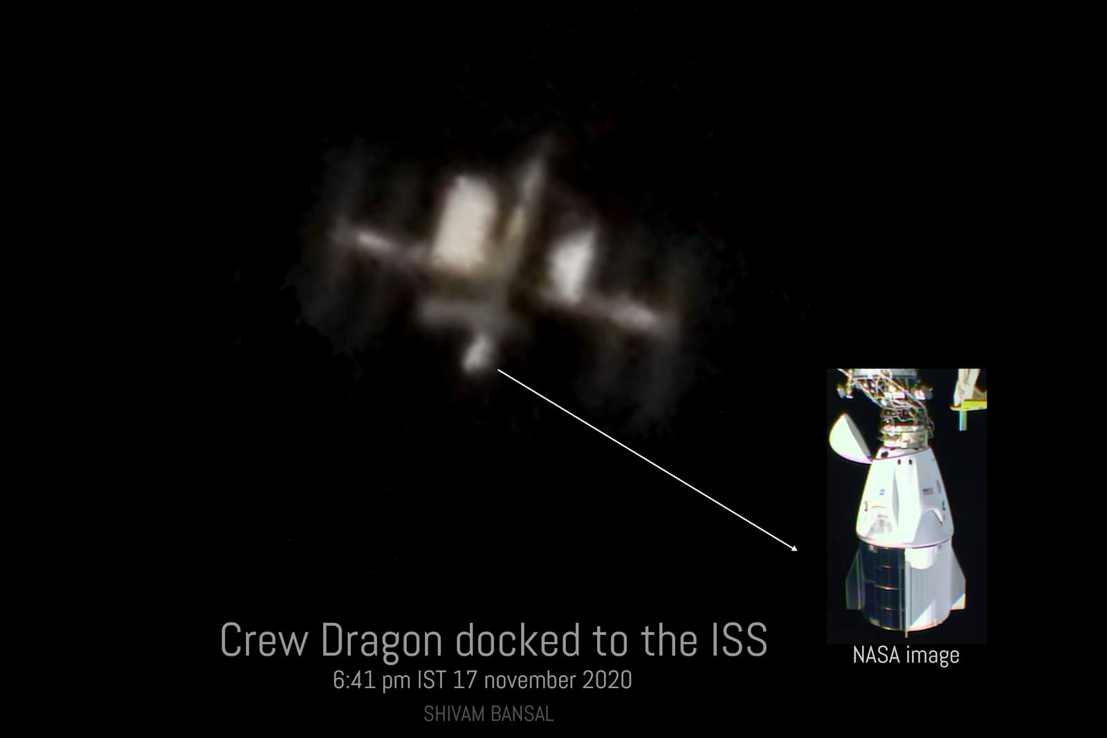 Blurry telescopic silhouette of the ISS with an inset NASA reference image and text labeling the newly docked Crew Dragon capsule, timestamped 6:41pm IST 17 November 2020.