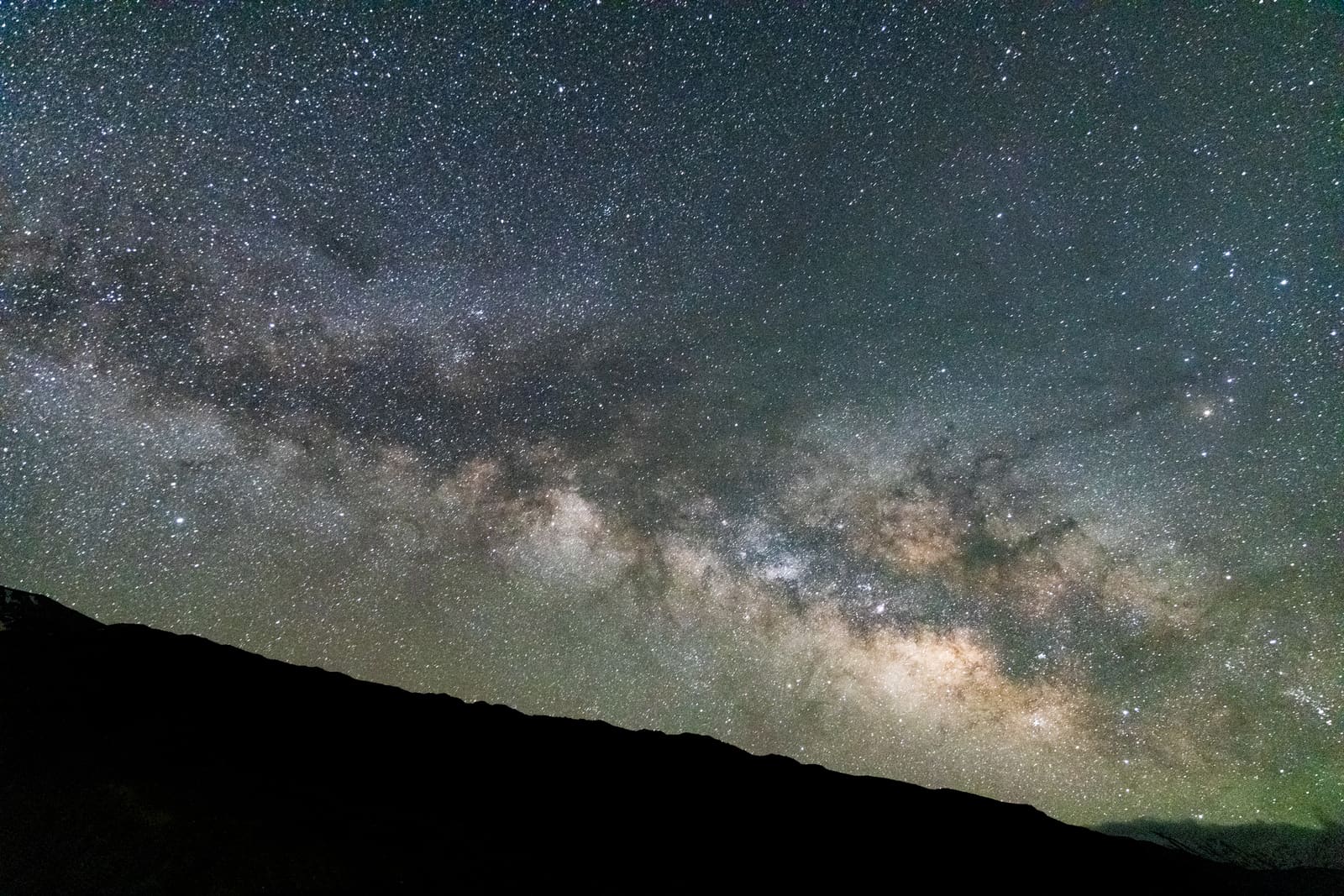 The Milky Way arching diagonally over a dark mountain ridge near Chandratal Lake in Spiti Valley.