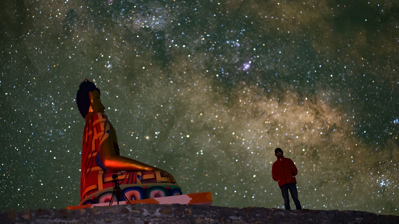 A person silhouetted with arm raised, standing beneath a vivid green Milky Way and starfield at Langza, Spiti Valley.