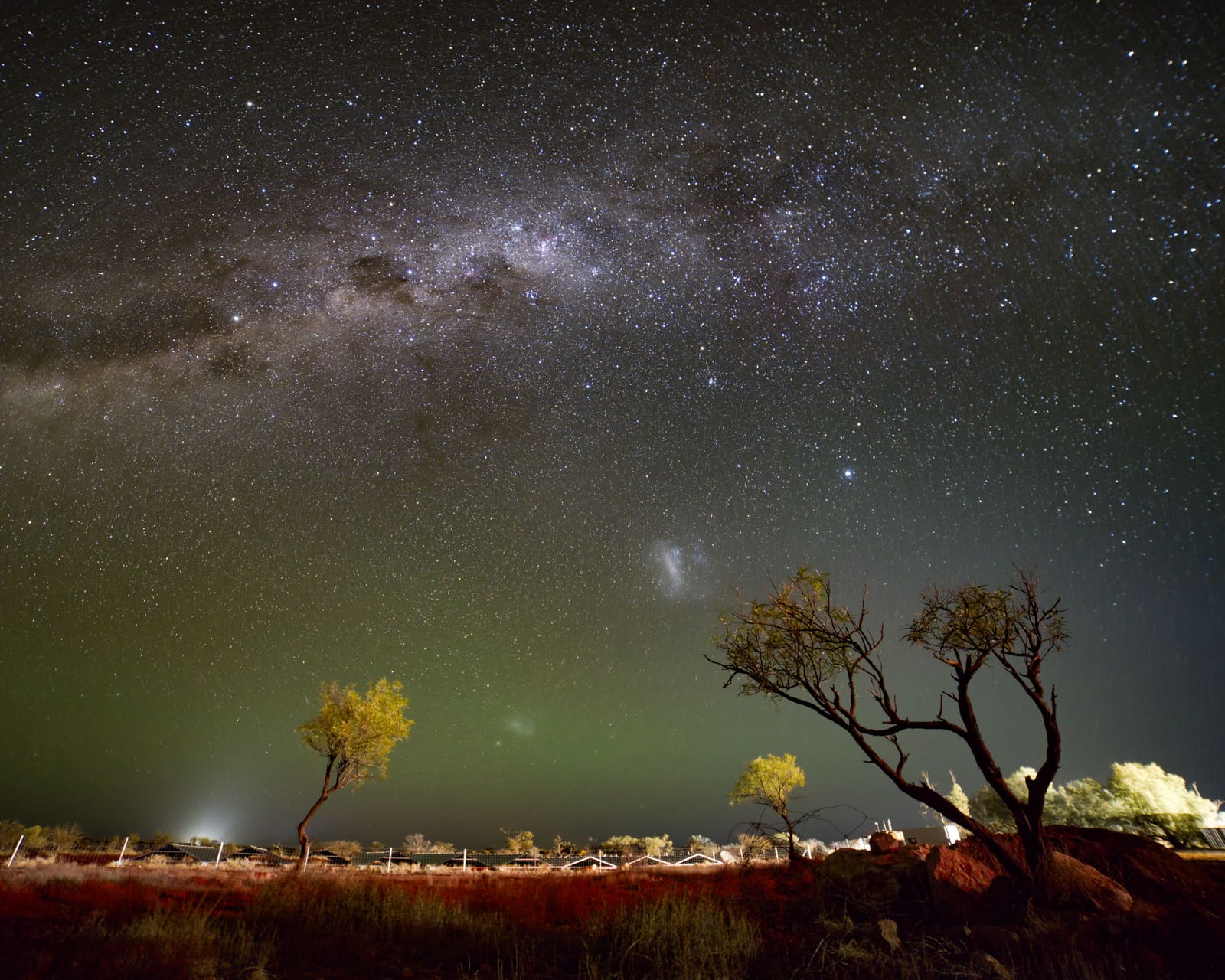 A wide nightscape showing the Large and Small Magellanic Clouds above silhouetted dead trees, with the Milky Way visible along the horizon in the Australian outback.
