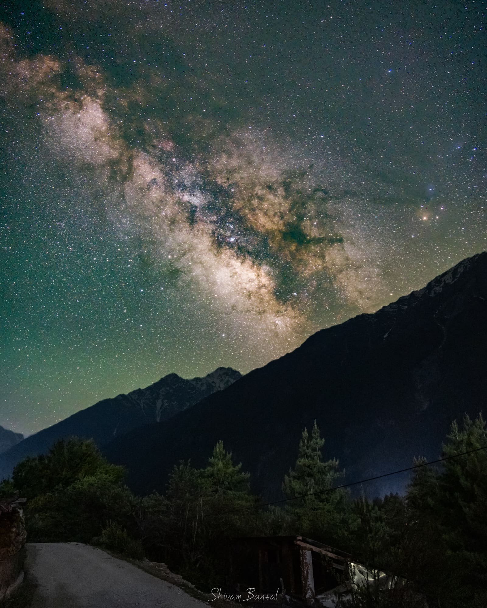 The Milky Way core rising above forested mountain slopes at Rakcham, Spiti Valley.