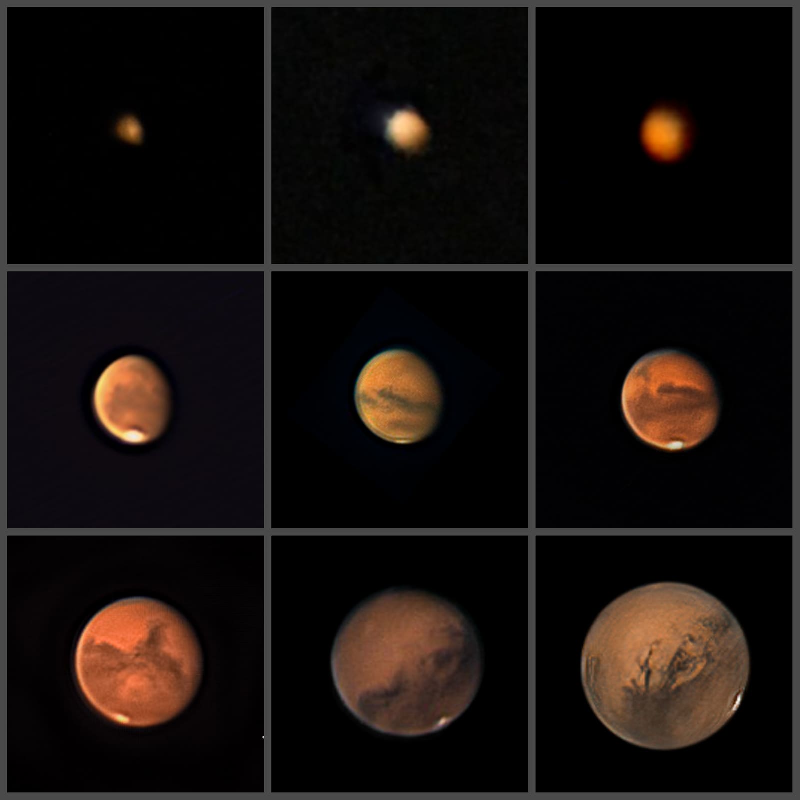 Grid of nine telescopic images showing Mars growing larger and more detailed over time, from a tiny blurred dot to a sharp disc with visible dark markings and a polar ice cap.