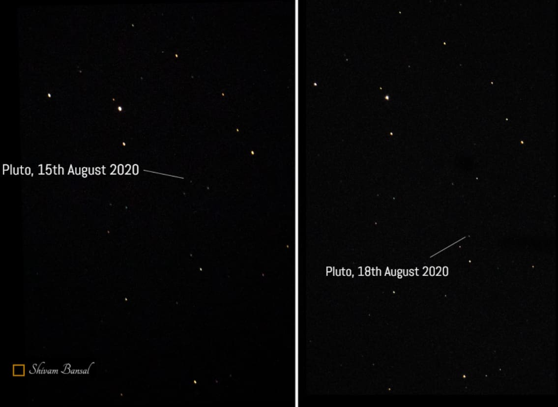 Two side-by-side starfield photographs with an arrow pointing to Pluto, visible only as a faint point of light in the same star field on two different nights three days apart.