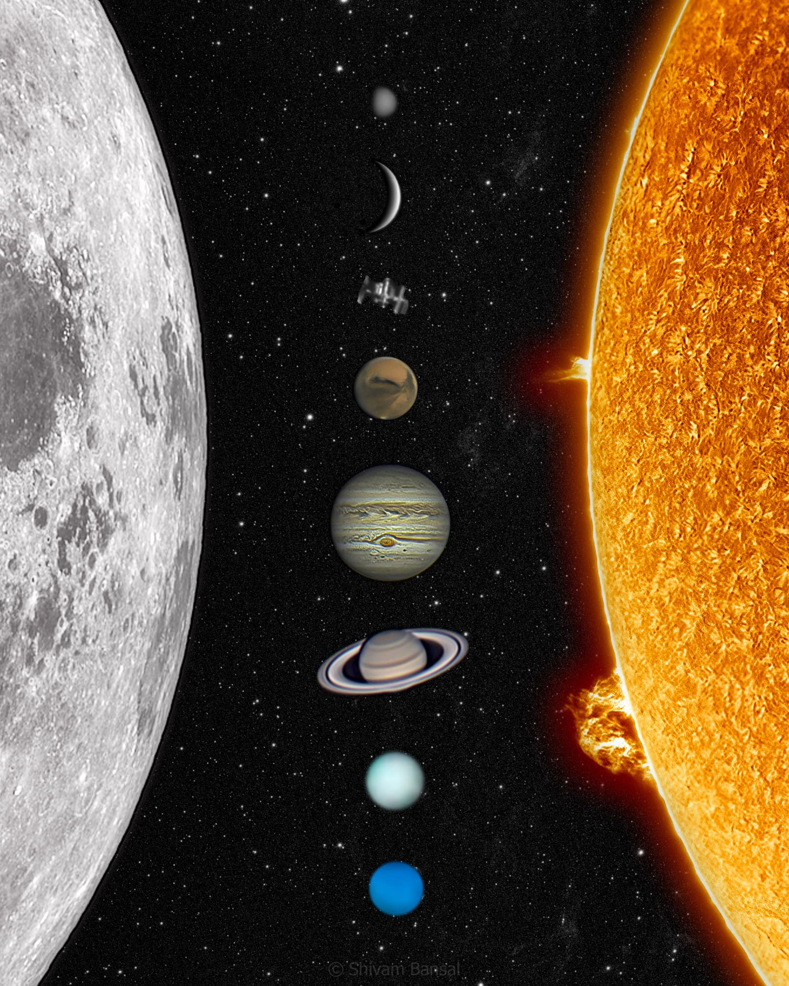 Vertical composite image with a large close-up moon on the left, a giant erupting sun on the right, and all eight planets plus the ISS lined up in between at relative scale.
