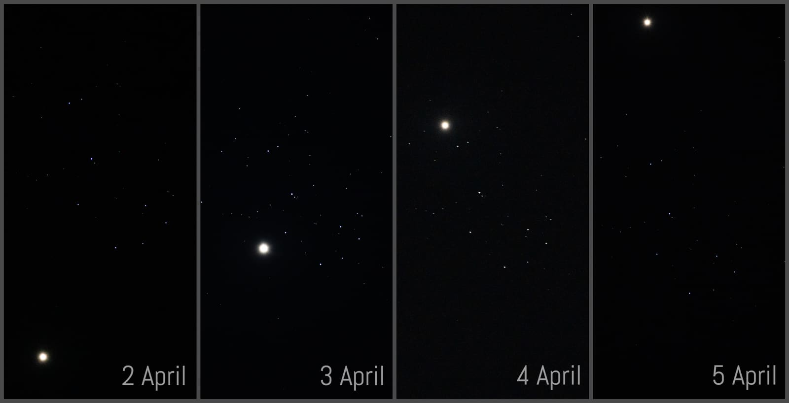 Four-panel wide-field sequence showing bright Venus moving night by night past the Pleiades star cluster, labeled 2 through 5 April.