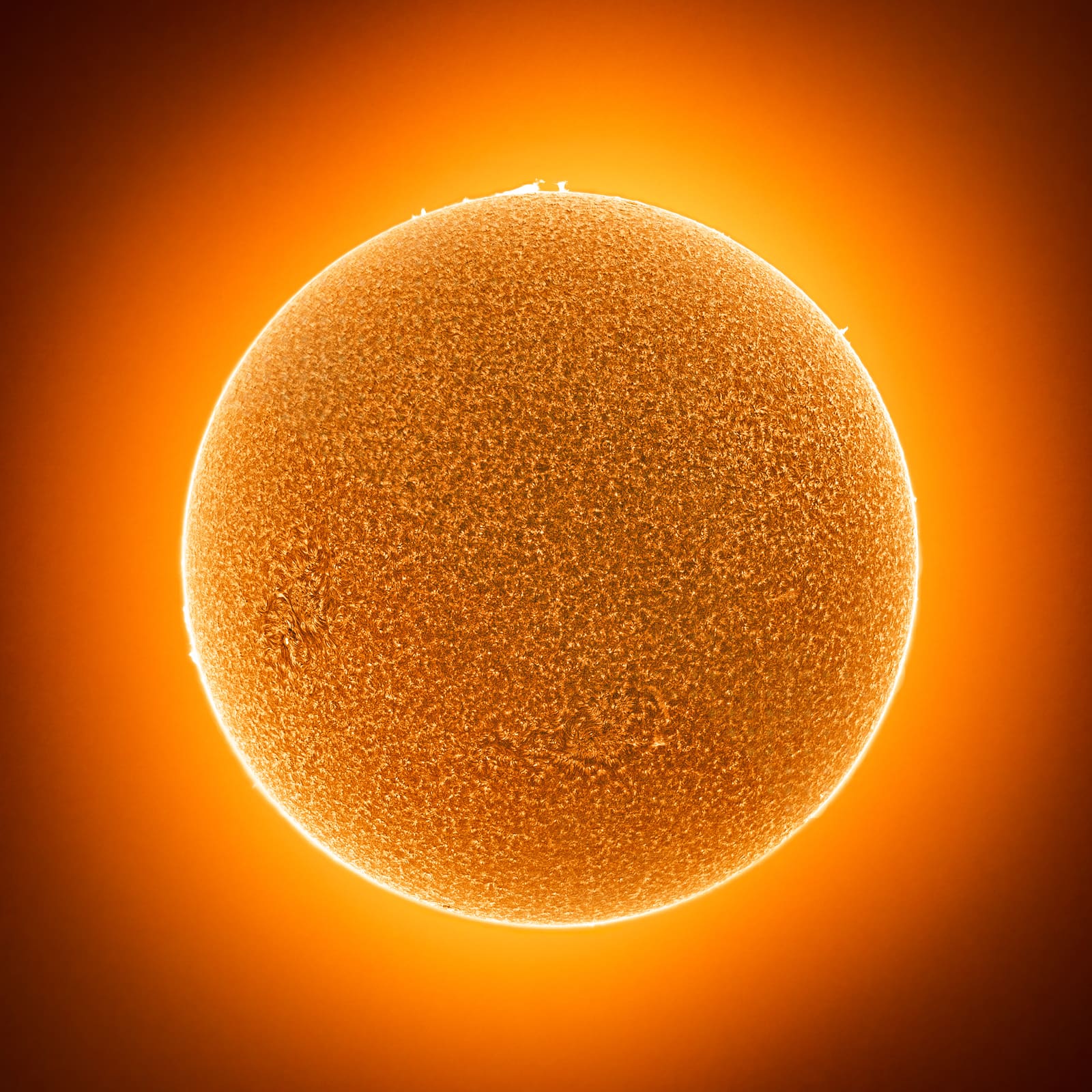Full-disc H-alpha photograph of the sun showing mottled orange chromosphere texture, scattered active regions, and small prominences along the limb, set against black space.
