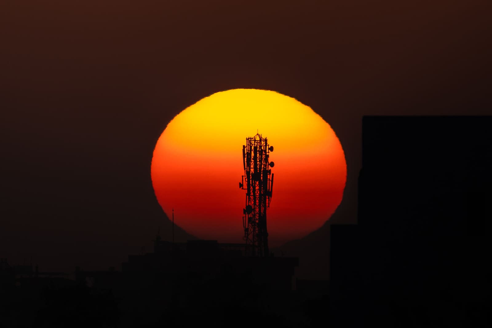 Telephoto photograph of a large, flattened orange setting sun directly behind the silhouette of a telecom tower and rooftops.