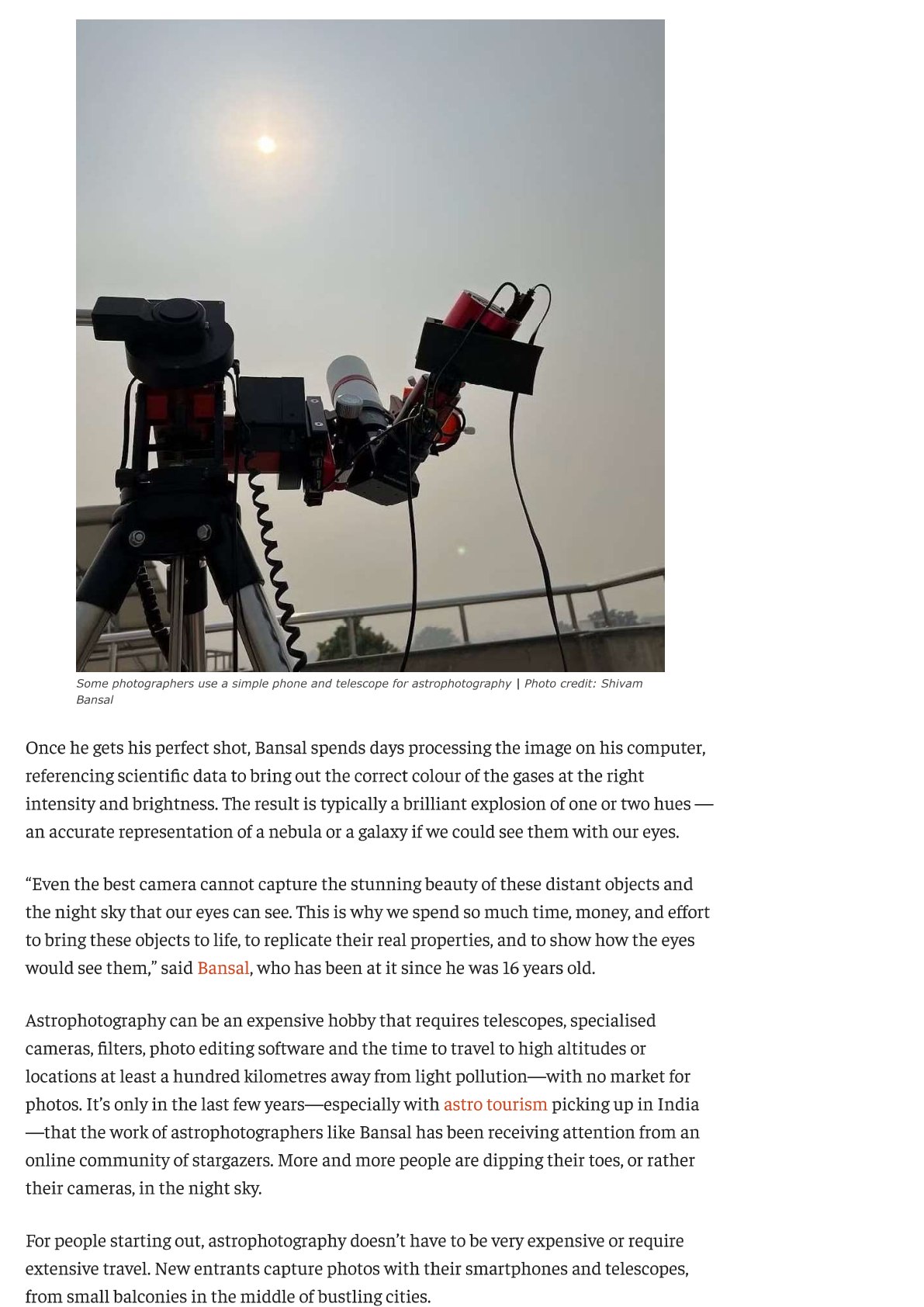 ThePrint, 2 July 2023 — page 2, with Shivam's telescope setup.